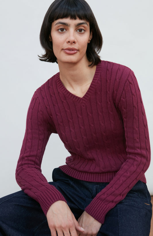 Womens Cotton Cable V Neck Jumper