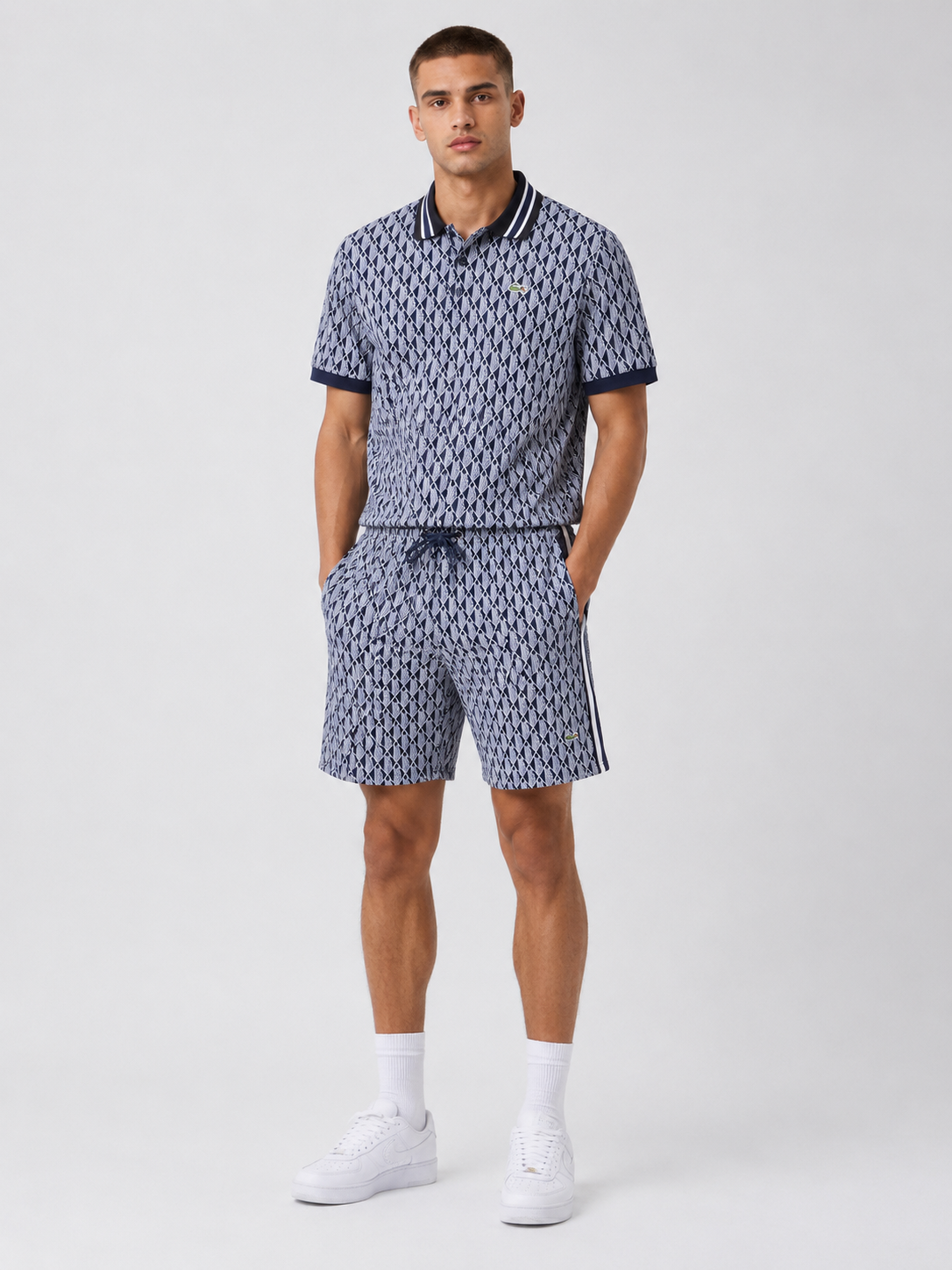 Navy Geometric Polo Shirt & Shorts Set