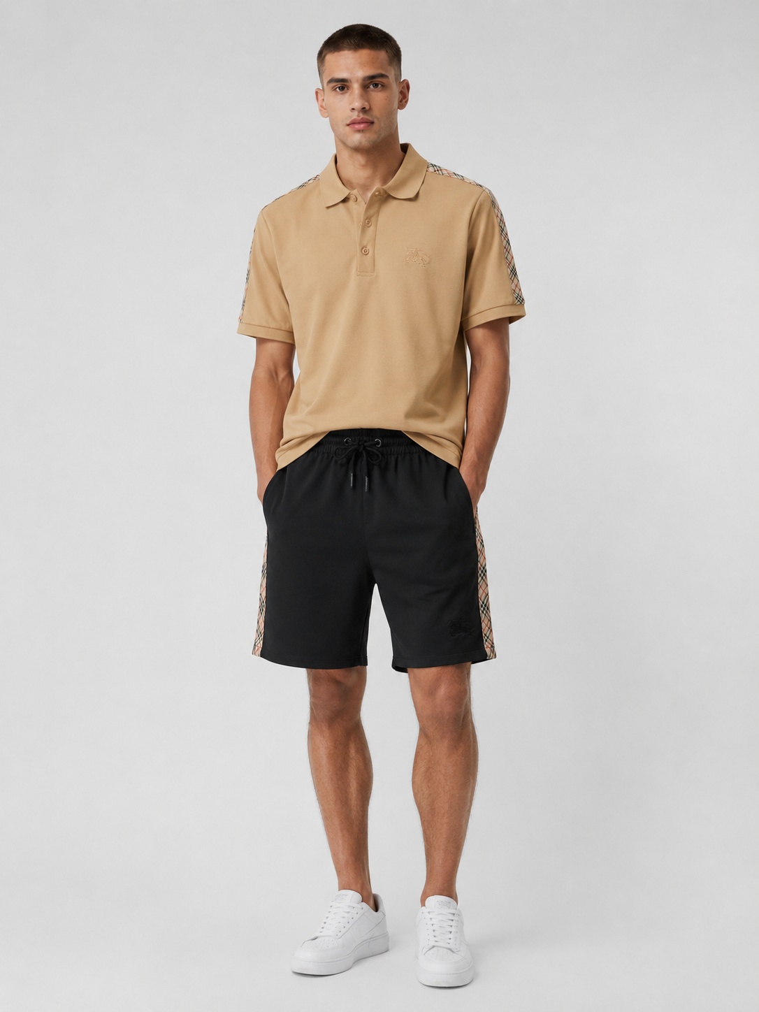 Beige Polo Shirt & Shorts Set – Plaid Side Detail