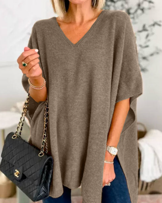 Veloria | Women's V Neck Poncho Knit Sweater with Side Slits