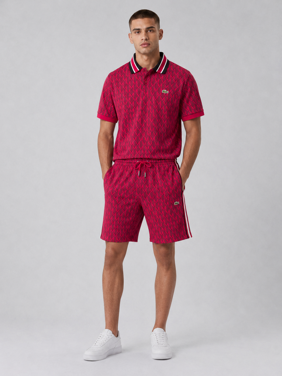 Striped Collar Red Printed Cotton T-Shirt & Shorts Set