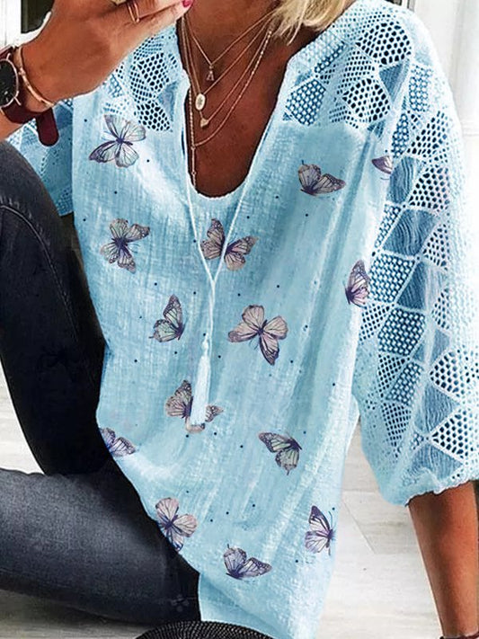 Loose fit butterfly print mesh sleeve top for women | Seraphina
