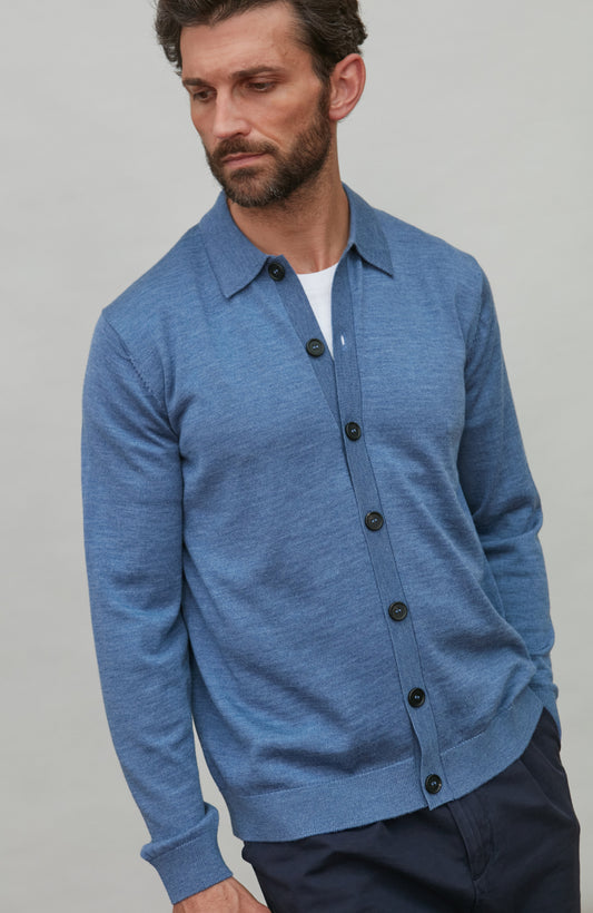 Mens Extra Fine Merino Wool Polo Cardigan