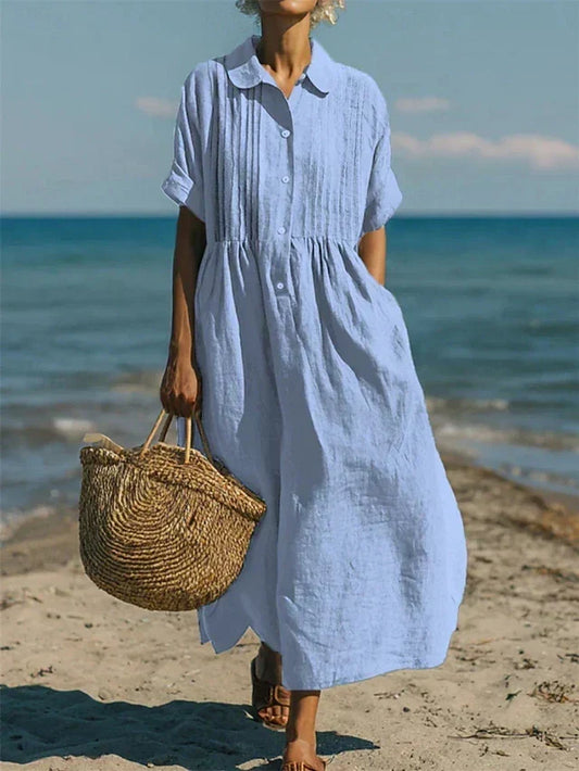 Casual button-front mid sleeve relaxed dress for women | Fionna