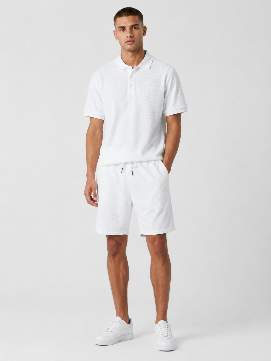 White Textured Polo Shirt & Shorts Set
