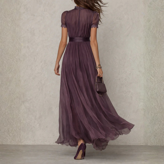 Lace trim keyhole flowing chiffon maxi dress for women | Evelyn