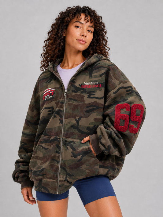 Loose Fit Hooded Camouflage Zip Jacket