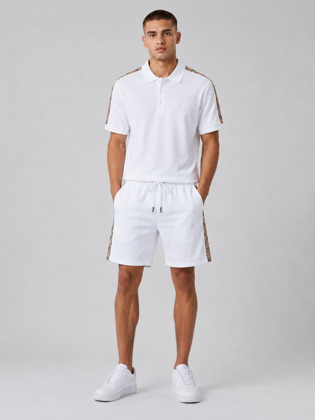 White Polo Shirt & Shorts Set – Plaid Side Detail
