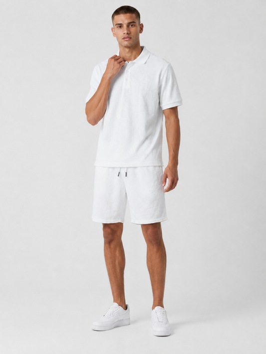 White Textured Polo Shirt & Shorts Set