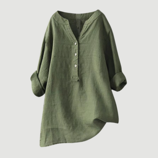 Refined V-neck button-down lightweight shirt for women | Carina
