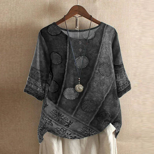 Vintage floral print round neck short sleeve relaxed blouse for women | Marisela
