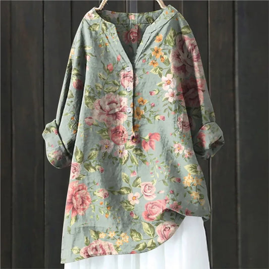 Vintage floral art print linen long sleeve shirt for women | Luna
