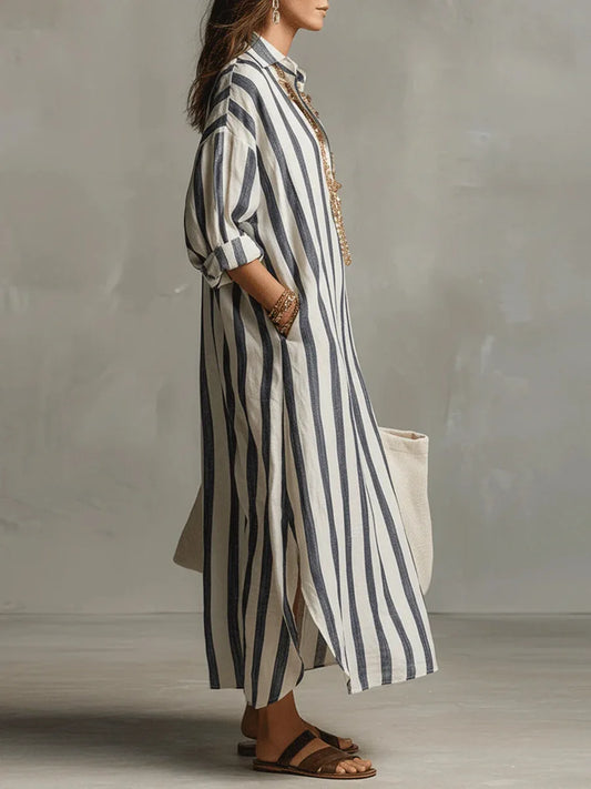 Striped linen long shirt dress for women | Amaris