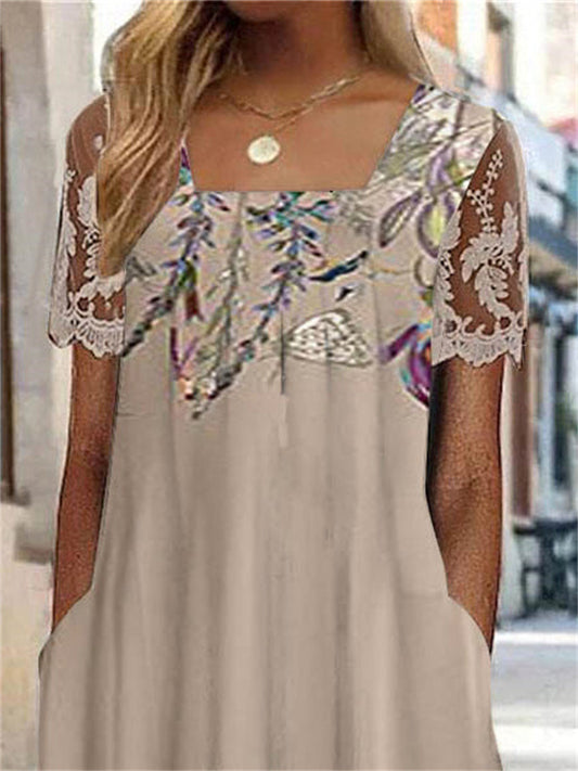 Vintage floral lace square neck midi dress for women | Cordelia