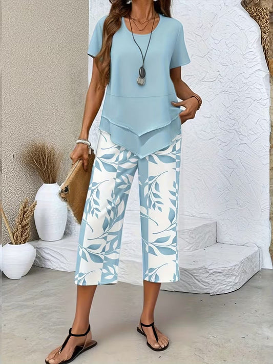 Leaf print relaxed top and trouser casual set for women | Summer