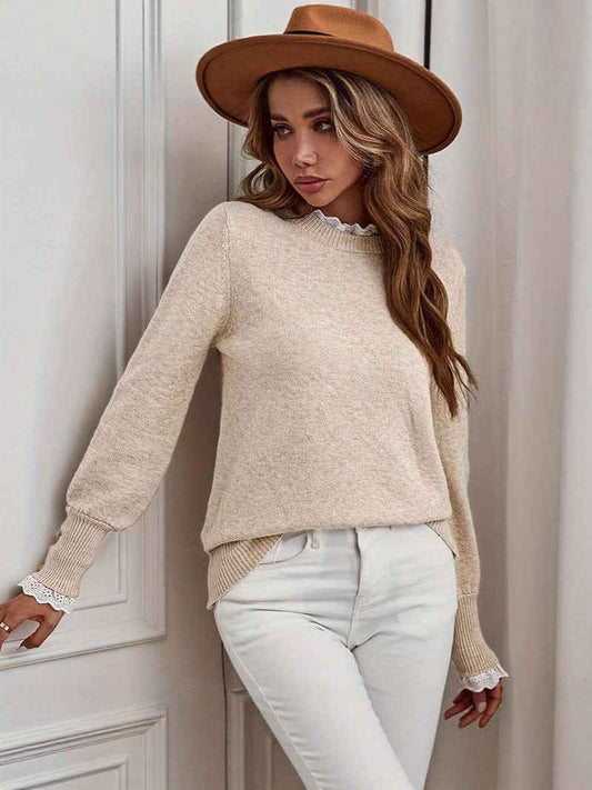 Camellia | Women's Ruffle High Collar Pullover with Button Placket