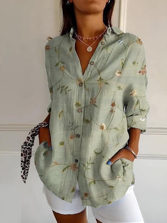 Button front printed whimsical blouse for women | Marisela