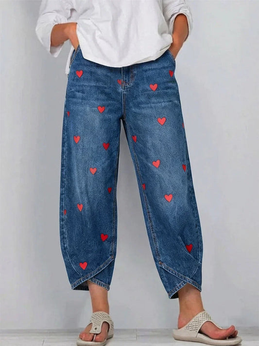 Roselle | Women's Heart Print Wide Leg Cropped Jeans