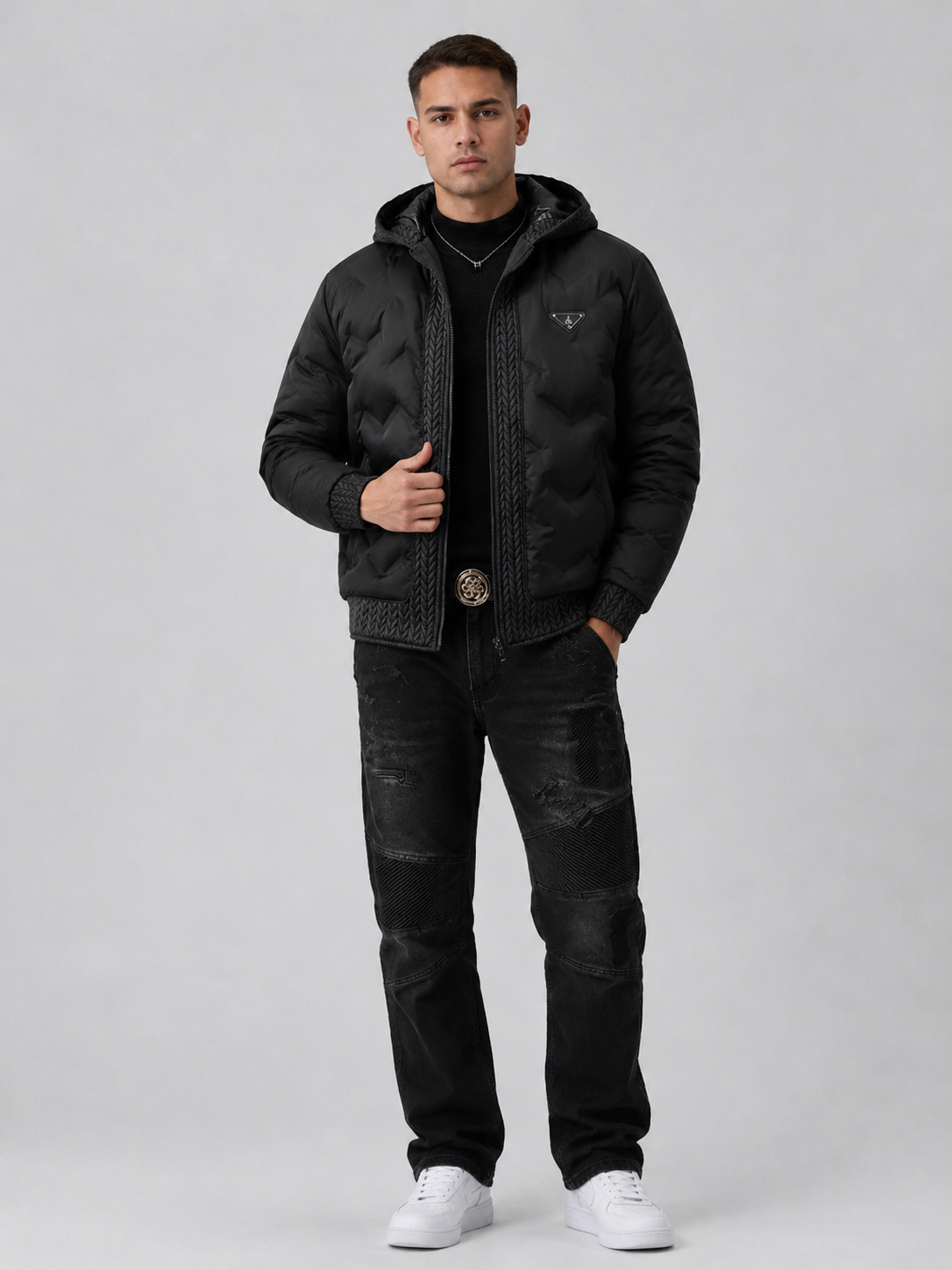 European Fashion Hooded Jacket Men's Outerwear – Black Casual Padded Zip-Up Jacket