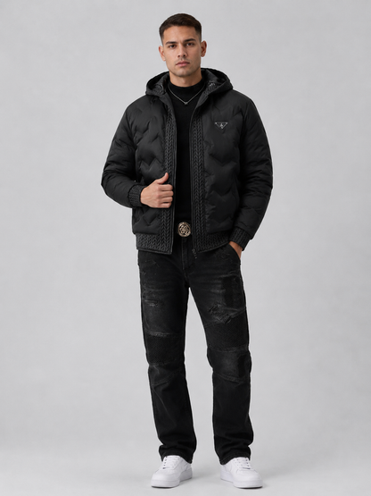European Fashion Hooded Jacket Men's Outerwear – Black Casual Padded Zip-Up Jacket