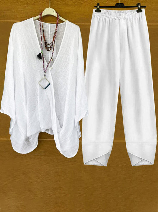 Casual cotton open-front two-piece set for women | Adeline