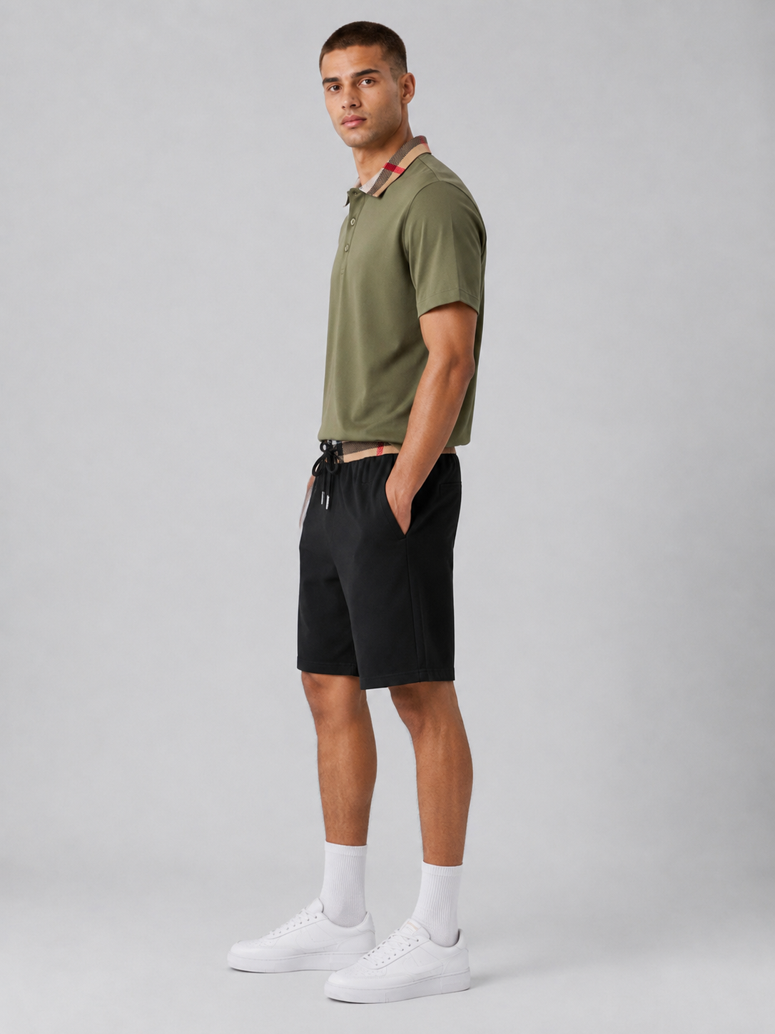 Olive Green Polo Shirt & Shorts Two-Piece Set