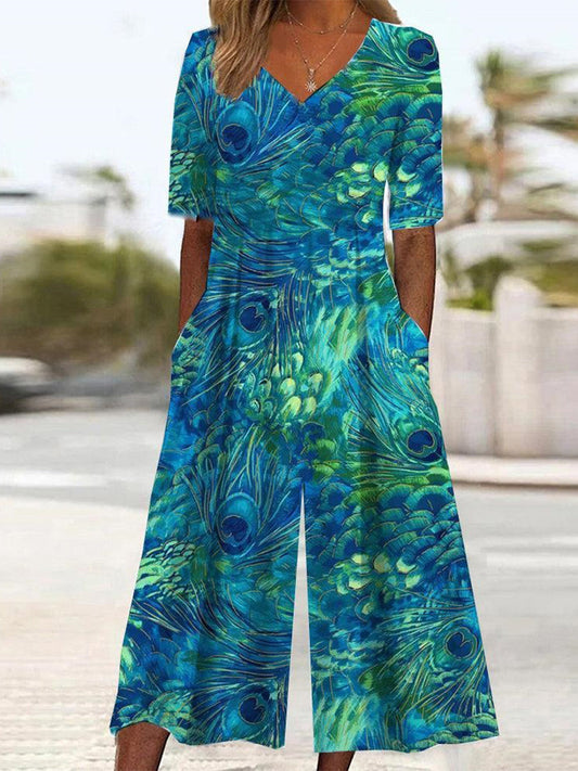 Peacock print wide-leg V-neck jumpsuit for women | Marisela