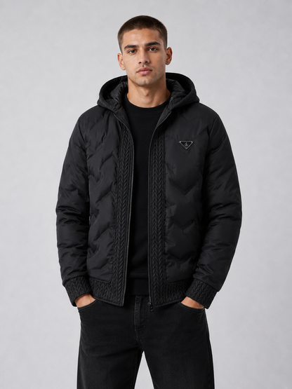 European Fashion Hooded Jacket Men's Outerwear – Black Casual Padded Zip-Up Jacket