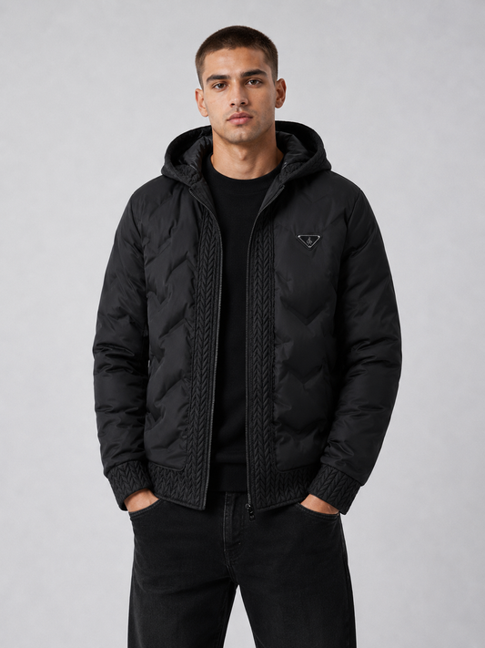European Fashion Hooded Jacket Men's Outerwear – Black Casual Padded Zip-Up Jacket
