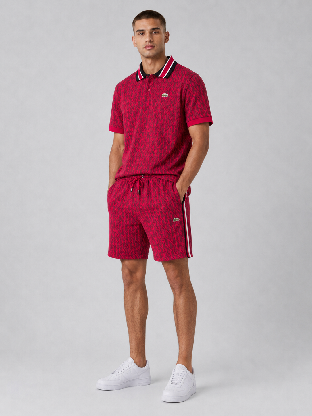 Striped Collar Red Printed Cotton T-Shirt & Shorts Set