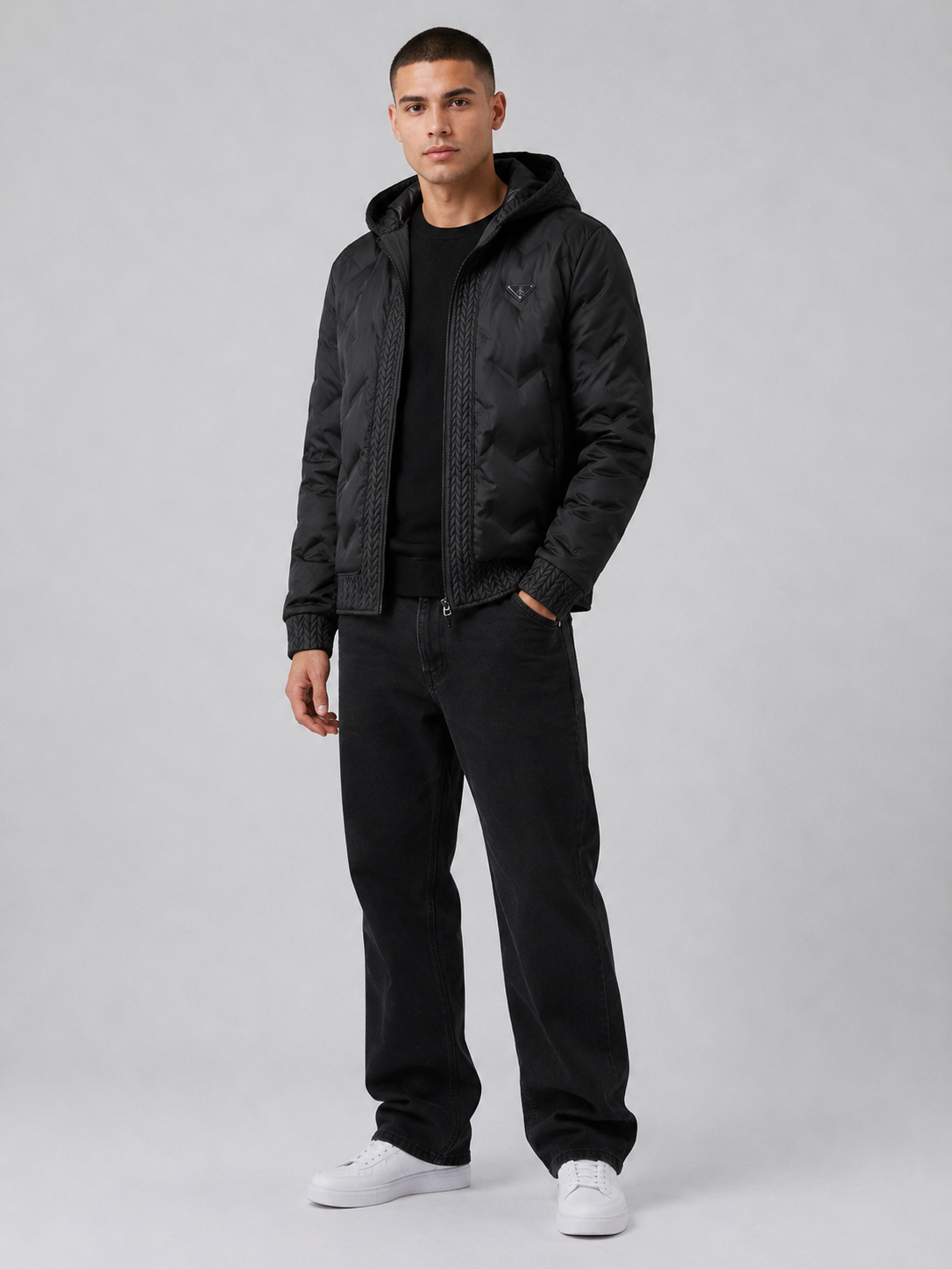 European Fashion Hooded Jacket Men's Outerwear – Black Casual Padded Zip-Up Jacket