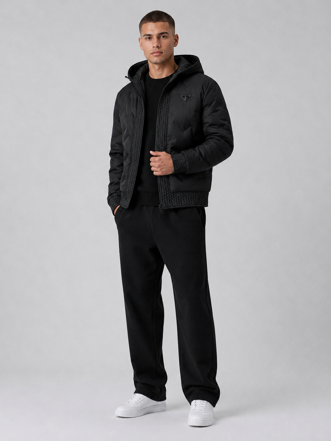European Fashion Hooded Jacket Men's Outerwear – Black Casual Padded Zip-Up Jacket