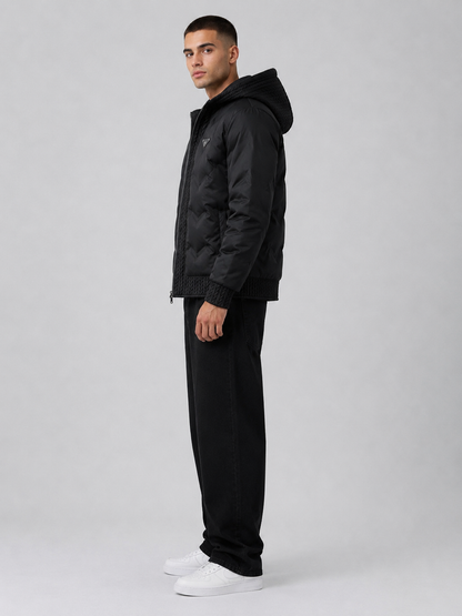 European Fashion Hooded Jacket Men's Outerwear – Black Casual Padded Zip-Up Jacket