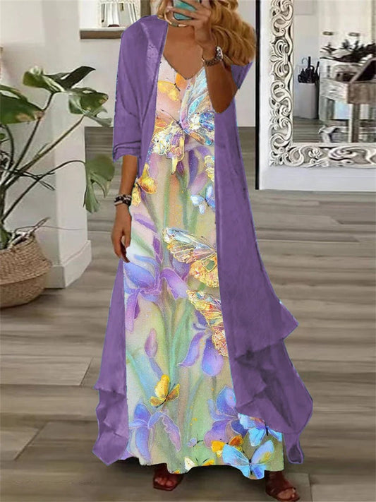 Purple floral V-neck maxi two-piece set for women | Iolanthe
