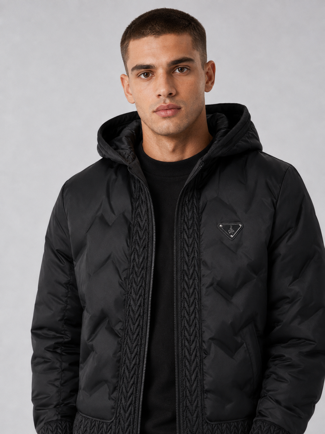 European Fashion Hooded Jacket Men's Outerwear – Black Casual Padded Zip-Up Jacket