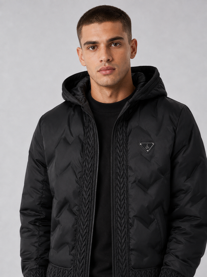 European Fashion Hooded Jacket Men's Outerwear – Black Casual Padded Zip-Up Jacket