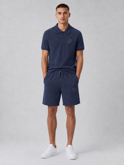 Navy Textured Polo Shirt & Shorts Set