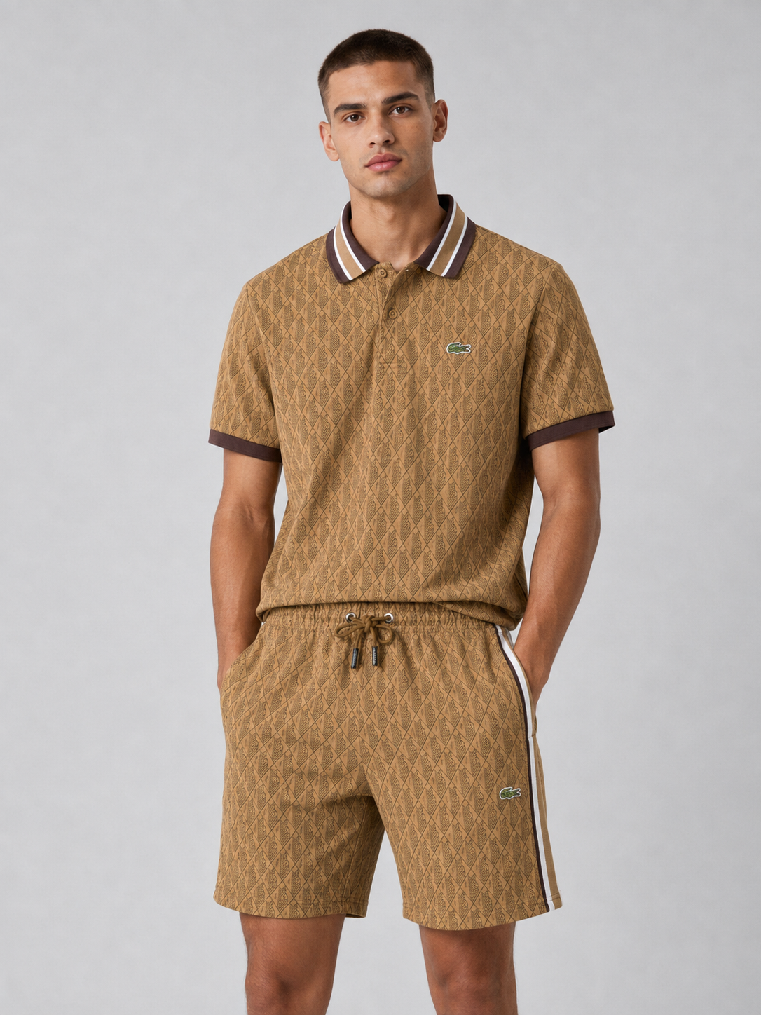 Striped Collar Brown Cotton T-Shirt & Shorts Set