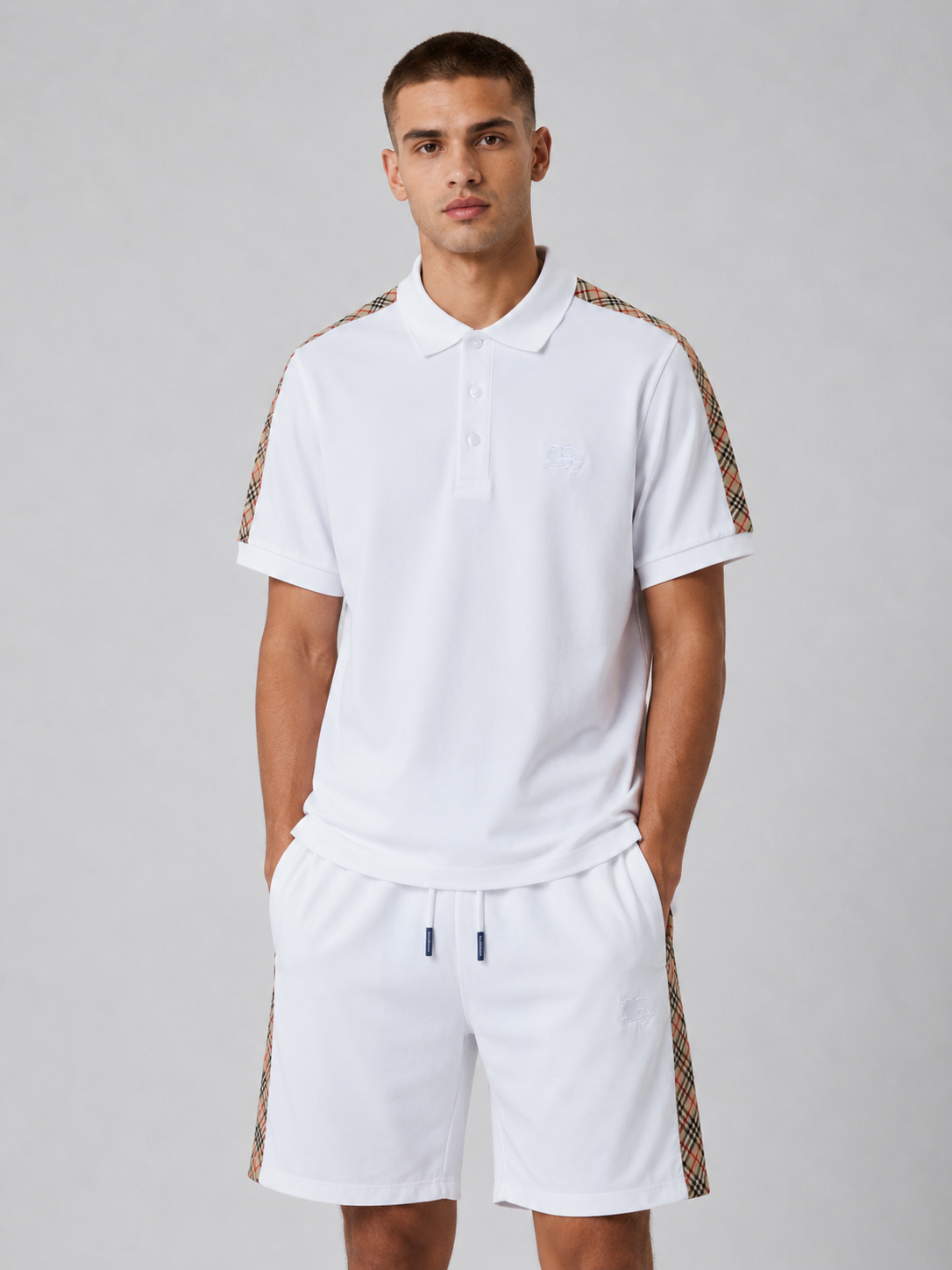 White Polo Shirt & Shorts Set – Plaid Side Detail
