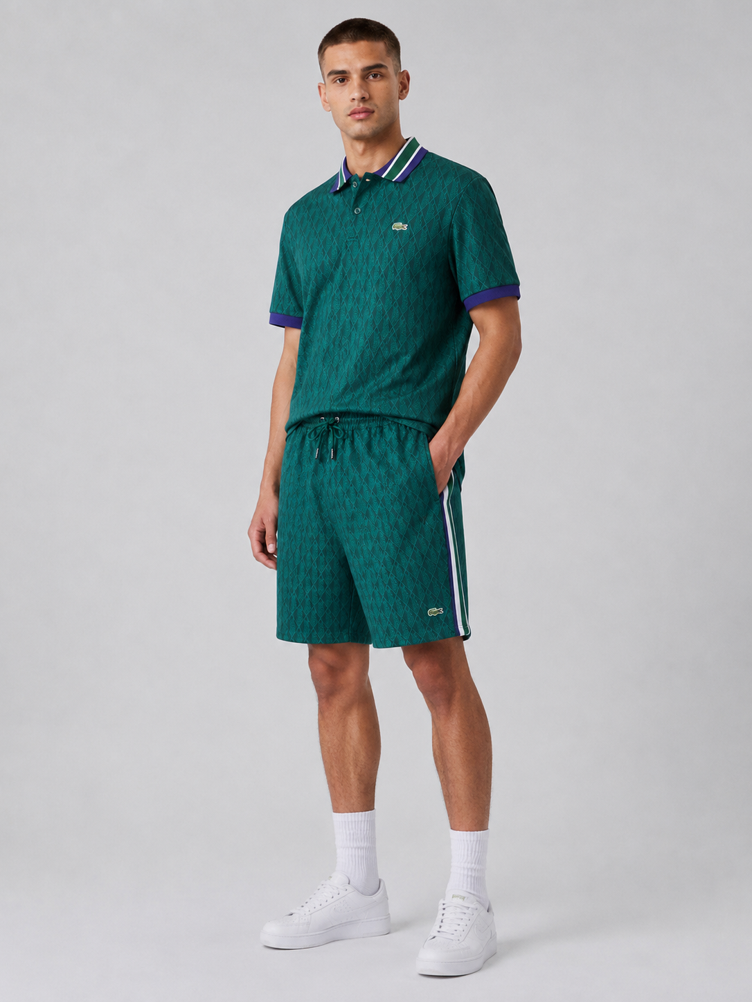 Striped Collar Green Printed Cotton T-Shirt & Shorts Set