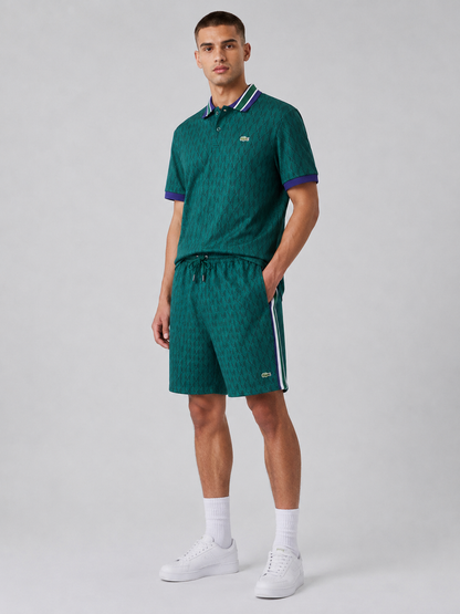 Striped Collar Green Printed Cotton T-Shirt & Shorts Set