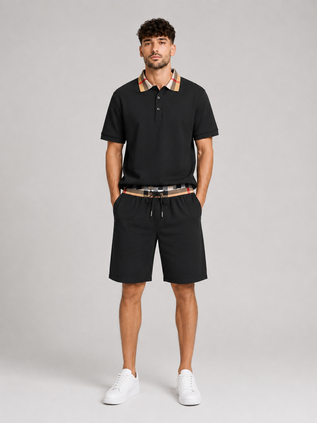 Black Polo Shirt & Shorts Two-Piece Set