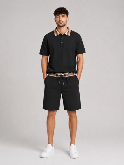 Black Polo Shirt & Shorts Two-Piece Set