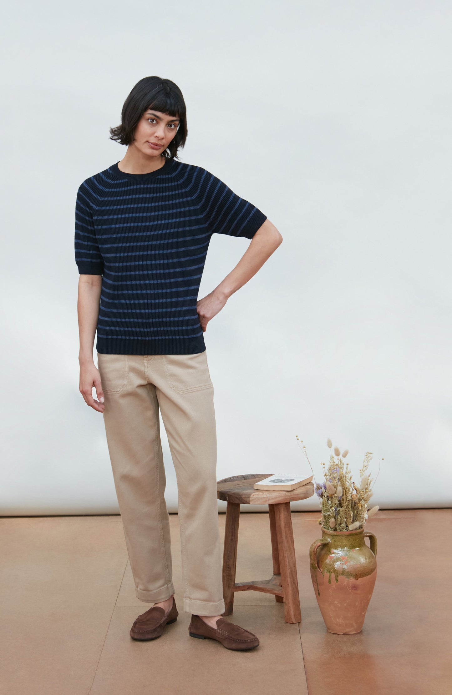 Womens Lightweight Cotton Rib Stripe Top
