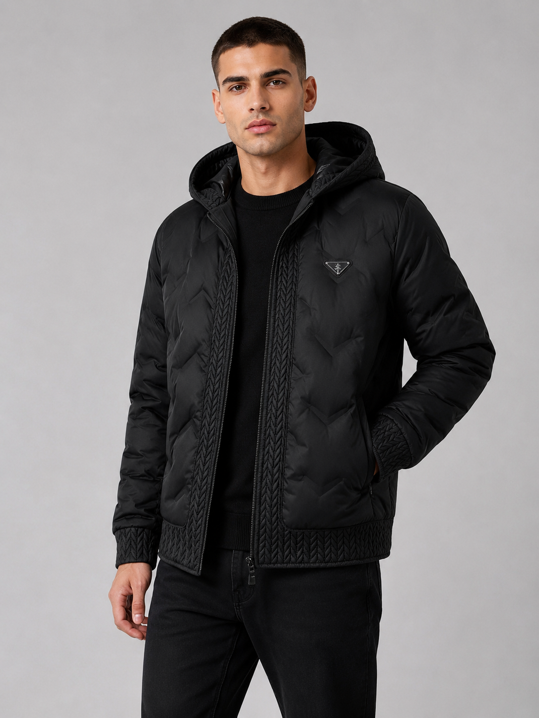 European Fashion Hooded Jacket Men's Outerwear – Black Casual Padded Zip-Up Jacket