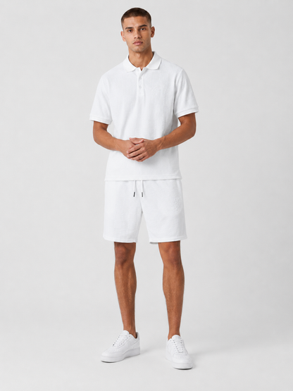 White Textured Polo Shirt & Shorts Set