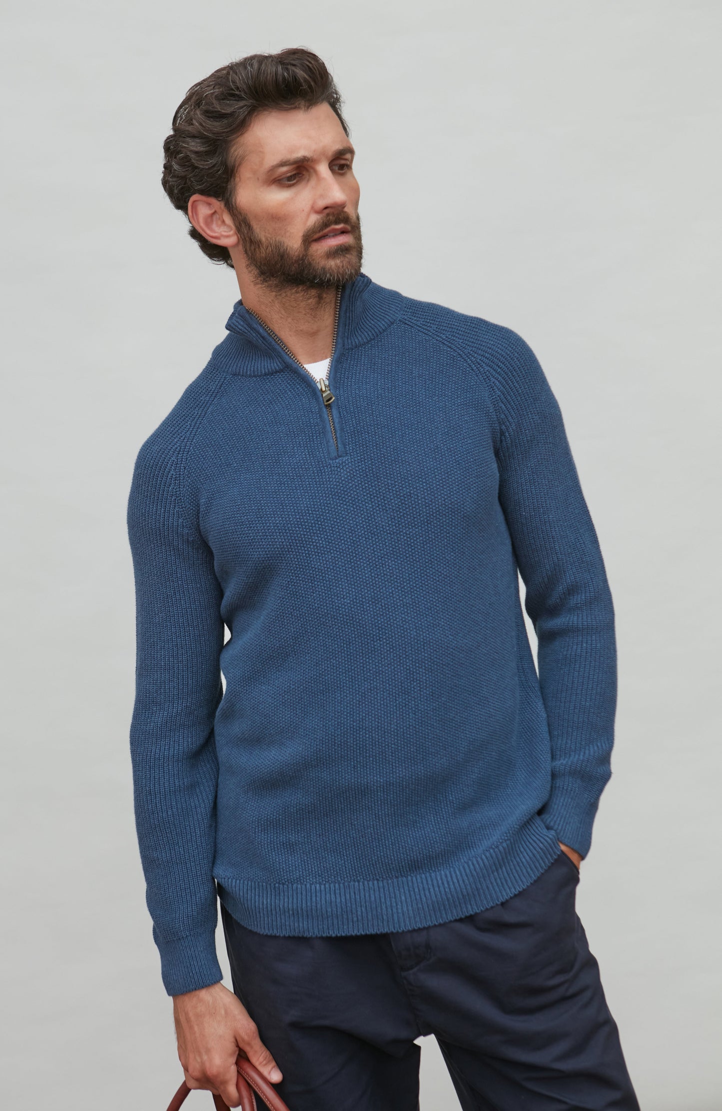 Mens Midweight Cotton Zip Neck Jumper
