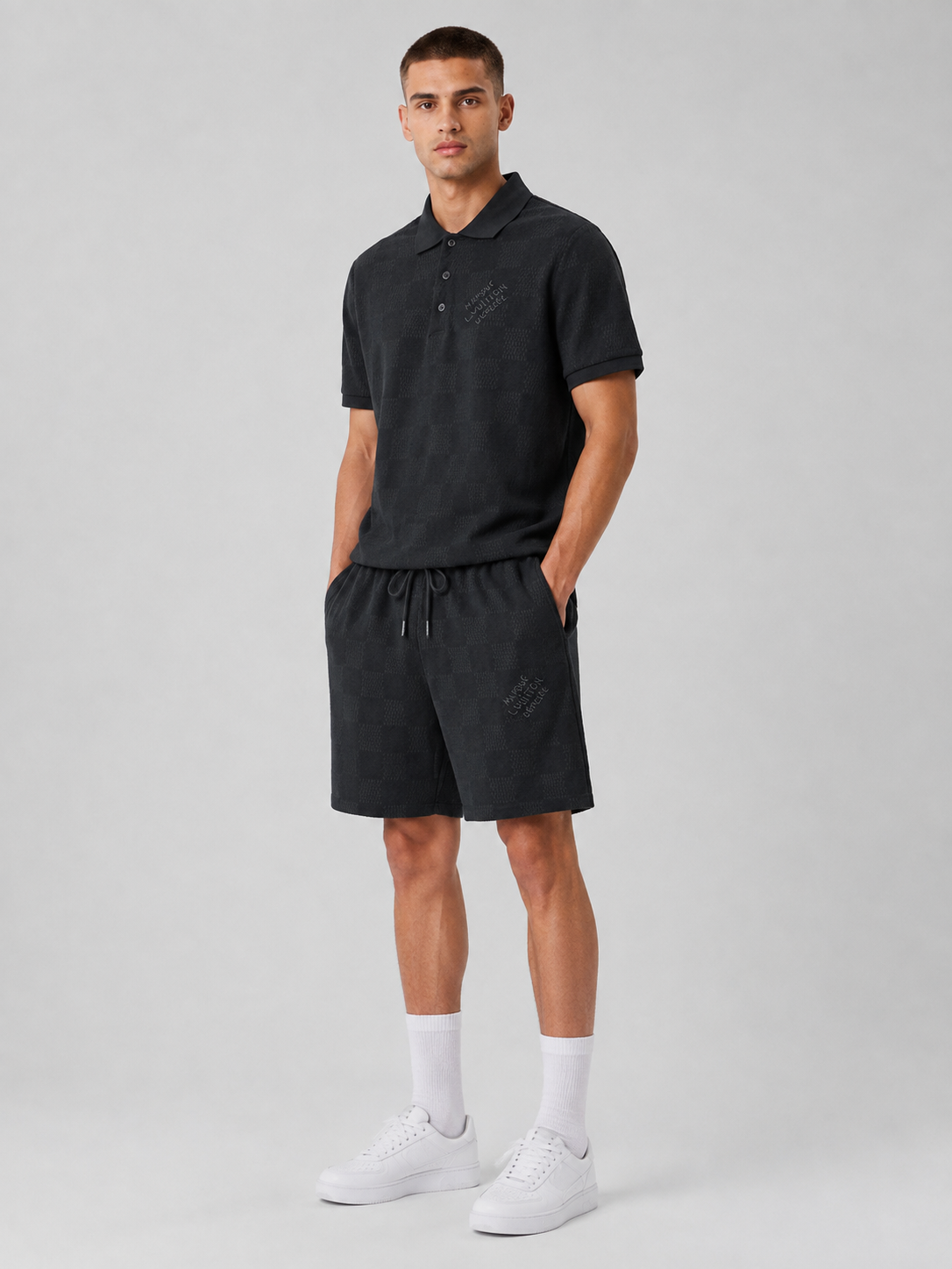 Black Textured Polo Shirt & Shorts Set