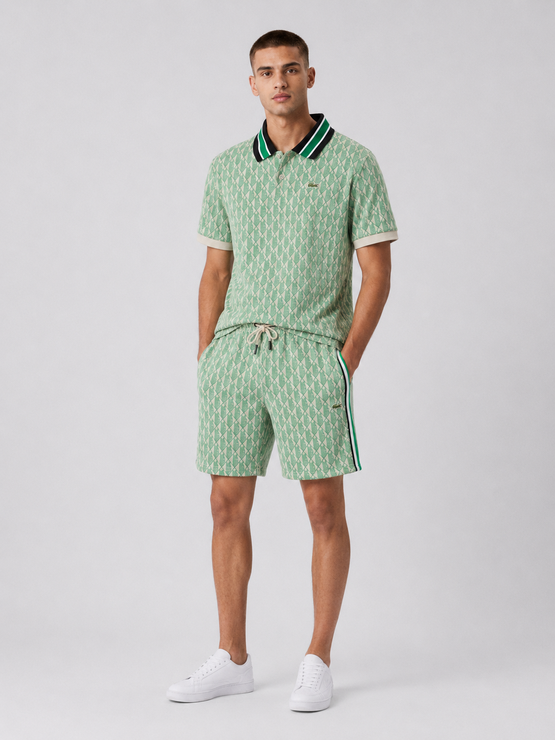 Striped Collar Lime Green Printed Cotton T-Shirt & Shorts Set