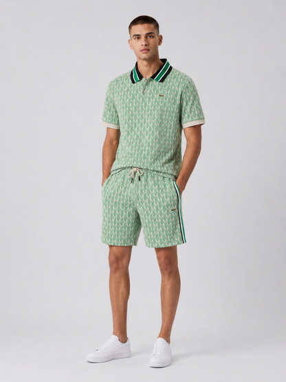 Striped Collar Lime Green Printed Cotton T-Shirt & Shorts Set
